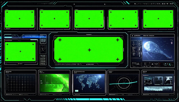 Futuristic Sci-Fi HUD Interface with Multiple Green Screen Displays and Data Visualizations in a Dark Environment
