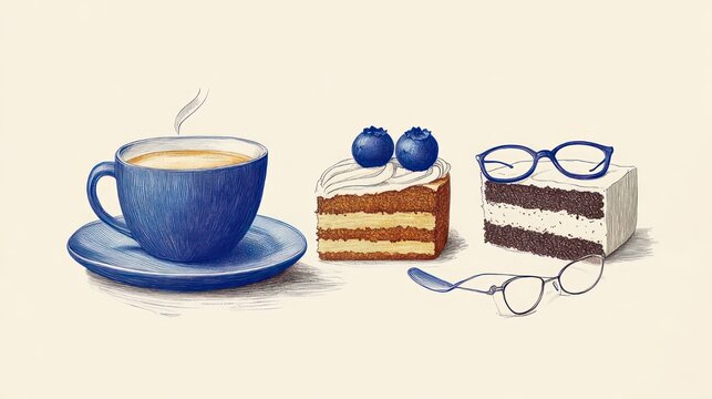 Steaming blue cup of coffee on a saucer beside two slices of layered cake, one with blueberries and cream and the other with chocolate, with two pairs of eyeglasses and a spoon, cozy calm mood