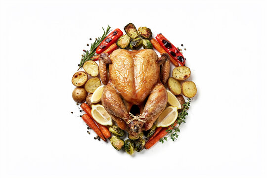 Roasted turkey surrounded by vegetables and herbs