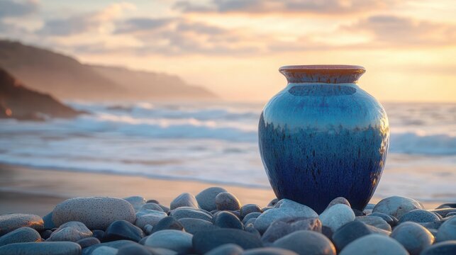 blue ceramic vase resting on smooth pebbles at a calm seaside during a warm sunset with soft waves and distant cliffs, evoking peaceful solitude