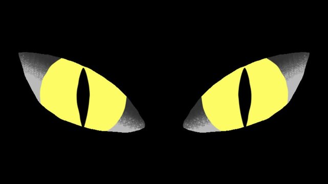 Three pairs of glowing yellow animal eyes with varying pupil shapes against solid black background with displays three distinct yellow irises shifting distinct sets feline shapes isolated dark art