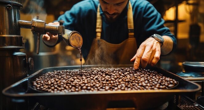 Person in apron and watch tending a steaming tray of freshly roasted coffee beans under a roaster spout, hands stirring beans in a warm, focused, artisanal atmosphere