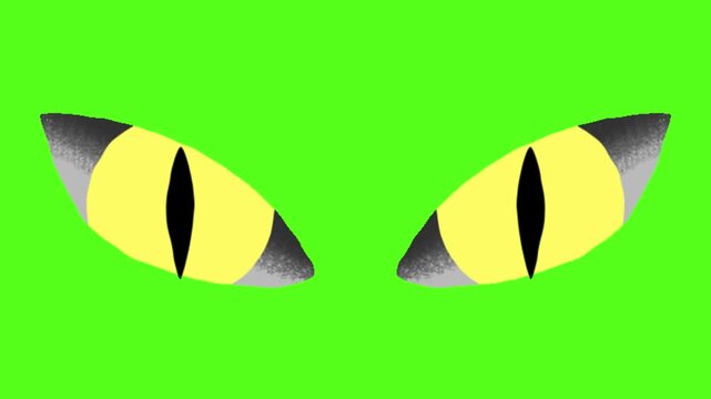 Animated yellow animal eyes blinking against bright green screen background for digital graphic design projects with vertical pupils blinking dilating against vibrant horizontal row stylized feline