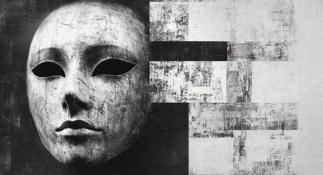 a weathered cracked human mask with hollow eyes beside distressed rectangular grid blocks in a high contrast black and white composition, evoking a haunting melancholic atmosphere