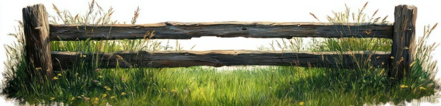 Sunlit weathered wooden fence across a lush green meadow with tall grasses and small wildflowers, evoking a peaceful rural serenity