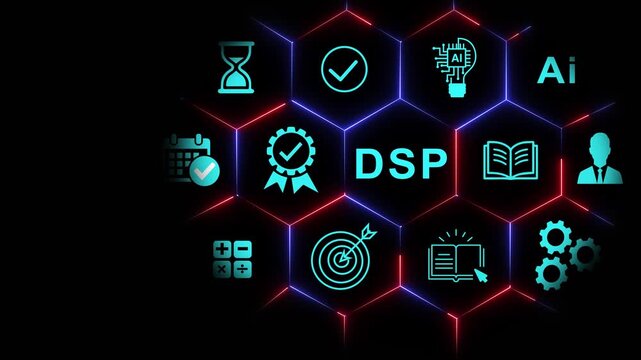 Dsp digital signal processing concept with neon hexagon infographic and ai technology artificial intelligence