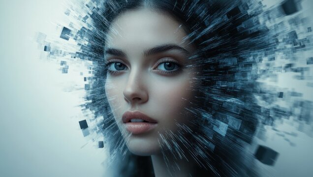 Dark central rectangle with exploding floating digital cubes and pixels in cool blue-gray tones, radiating motion blur and a futuristic, mysterious energy
