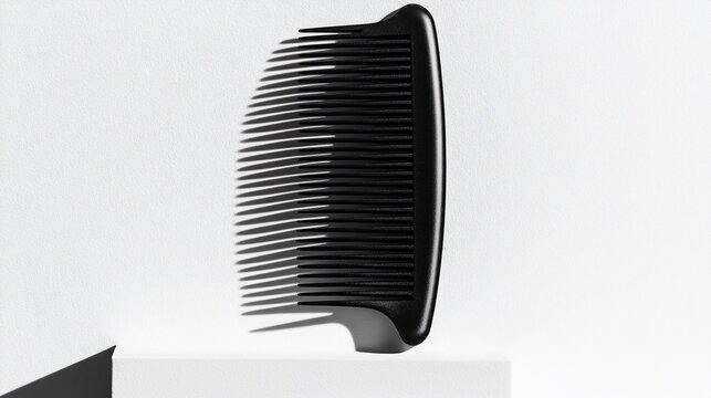 Sleek black comb standing upright against clean white backdrop in minimalist setting