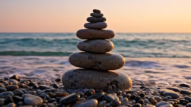 Zen Stone Pyramid Balanced on Tropical Beach Shore at Sunset
