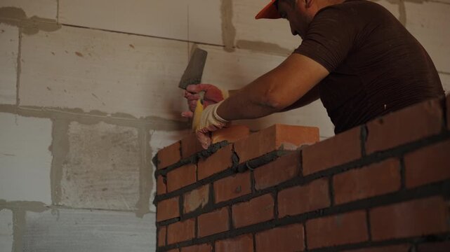 Construction worker building interior brick wall with mortar