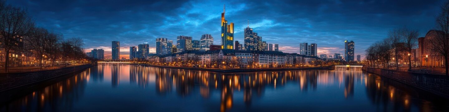Panoramic riverside skyline at dusk with illuminated skyscrapers reflected in calm water, tree-lined promenades and a dramatic blue clouded sky evoking calm and majesty