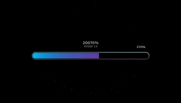 Futuristic loading bar with glowing blue and purple gradient on a dark background with digital data and progress percentage