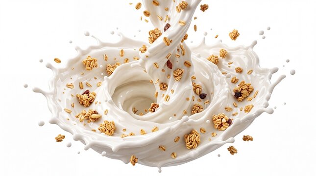 Crispy oat granola clusters splashing into fresh creamy milk swirl creating dynamic fluid motion isolated on clean white background for delicious healthy breakfast cereal commercial