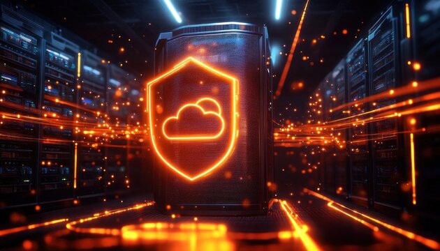 dark high-tech data center with central server displaying a glowing neon cloud shield, orange light trails and sparks conveying secure futuristic protection