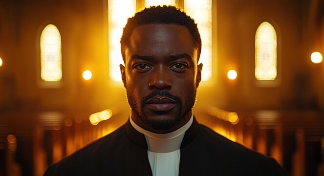 clergy member with obscured face wearing a white clerical collar and black robe standing in a sunlit church nave with stained glass and a solemn, reverent atmosphere