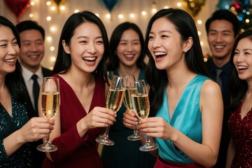Fototapeta premium Happy young Asian friends toast with champagne glasses at wedding party. Smiling bride, groom celebrate with guests. Group of joyful people enjoy drinks during festive event. Cheers to love,