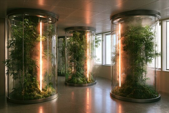 Serene modern crematorium waiting room and indoor memorial garden with lush green plants and tranquil architectural lighting
