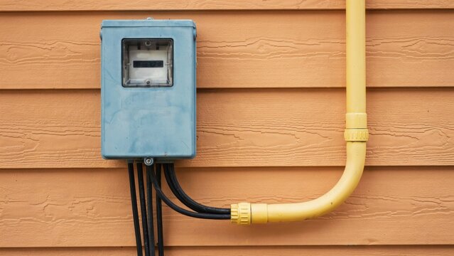 Electric meter box with yellow pipe on a wooden wall
