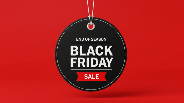 Black Friday sale tag on red background, end of season discount label, circular hanging price tag for retail promotion