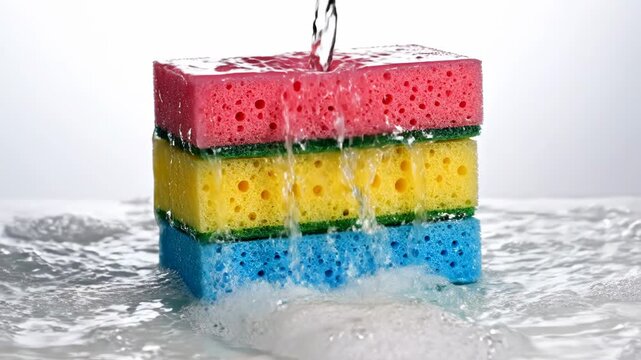 Vertical stack of multi-colored dish sponges in red, yellow, and blue with water splashing over them and white soapy foam at the base against a clean white studio background.
