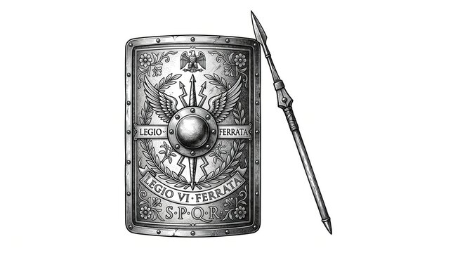 Ancient roman legionary scutum and pilum illustration