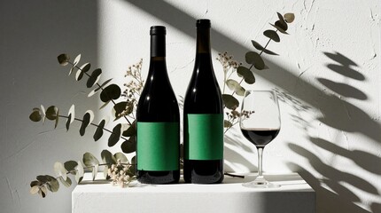 Fototapeta premium Two bottles of red wine and glass sit on a white surface. Eucalyptus leaves and small flowers adorn the minimalist composition. Warm sunlight casts dramatic shadows on the textured wall.