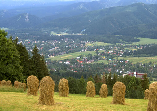 A summer view of Zakopane from Gubalowka, Tatra mountains, Poland. In the foreground, a meadow and hay bales.
