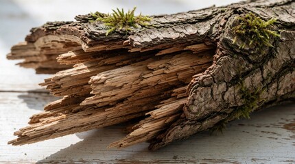 Fototapeta premium Moss grows on a weathered tree trunk on white wood surface. The wood is decaying and breaking apart, showing its texture and organic structure.