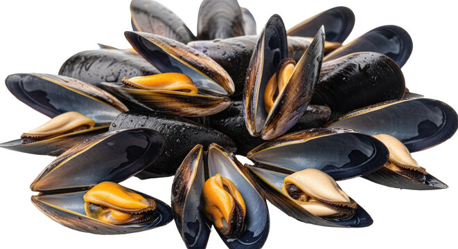 Pile of Freshly Cooked Mussels on Transparent Background Showing Detailed Shells and Edible Inside Portions