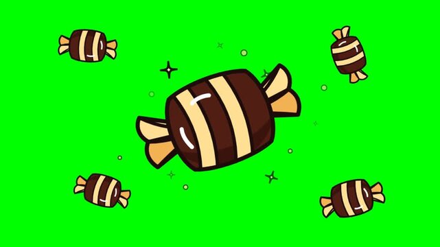Animated floating chocolate candies with sparkles on chroma key green screen background footage