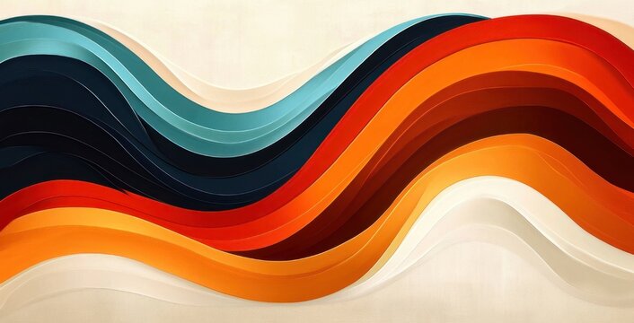 Layered undulating paper-like waves in warm oranges, reds and cool teals on a soft cream background conveying vibrant motion and energy