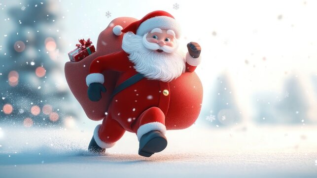jolly bearded man in a red holiday suit running across a snowy landscape with a sack of presents, cheerful and festive mood