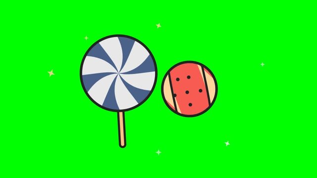 Animated 2D cartoon blue swirl lollipop and sweet round candy on chroma key green screen background