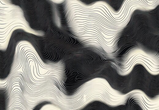 Monochrome flowing waves of layered contour lines creating hypnotic undulating patterns and a calm, slightly disorienting optical motion