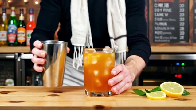 Bartender preparing cold refreshing iced tea cocktail