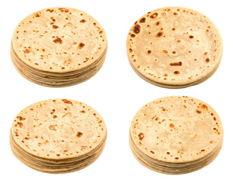 Four Stacks Of Golden Brown Tortilla Flatbreads Isolated Against A Transparent Background