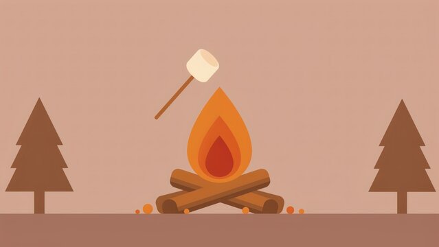 Flat vector campfire illustration with marshmallow sticks with trees beige background displays flat sticks pine