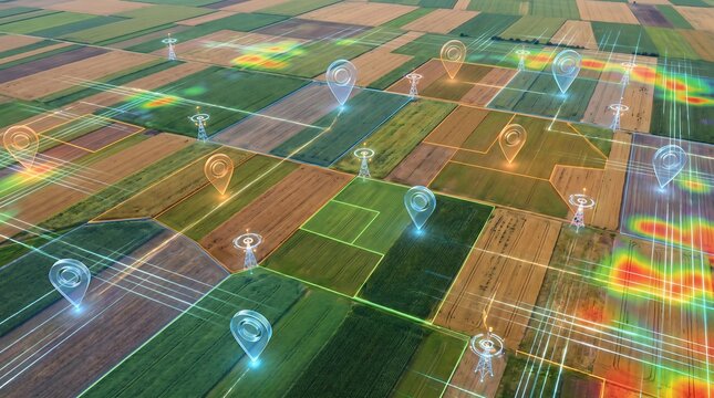 Digital Smart Agriculture Concept with Data Mapping and Location Pins Over Farmland Fields for Precision Farming