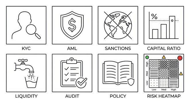 Icon grid: KYC, AML, sanctions, liquidity, policy, risk; GRC controls library and mapping.