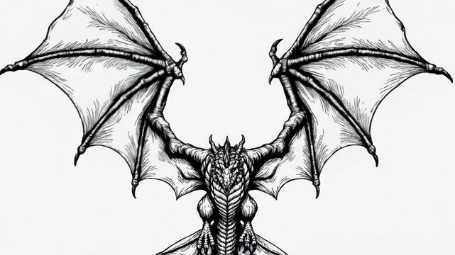 Symmetrical black and white dragon wings illustration with detailed leathery texture and bony skeletal structure isolated on a white background for tattoo or graphic design.