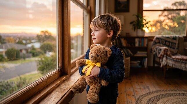 Little boy looking out window holding teddy bear, child safety and protection concept