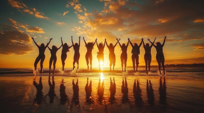 silhouettes of a group of friends jumping and holding hands on a beach at sunset, joyful celebration with golden reflections in wet sand