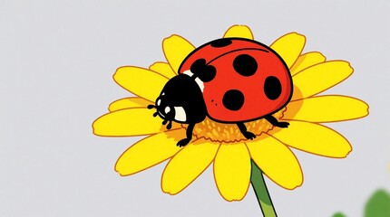 Naklejka premium Cute cartoon ladybug rests on vibrant yellow flower petals. This cheerful insect artwork, often associated with good luck, suits spring or summer themes for kids or nature education materials.