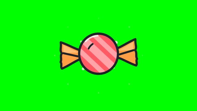 2D Animated Cartoon Wrapped Candy with Sparkles on Chroma Key Green Screen Background