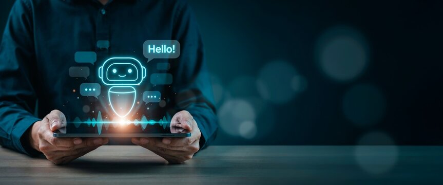 Person holding tablet displaying friendly chat bot and artificial intelligence