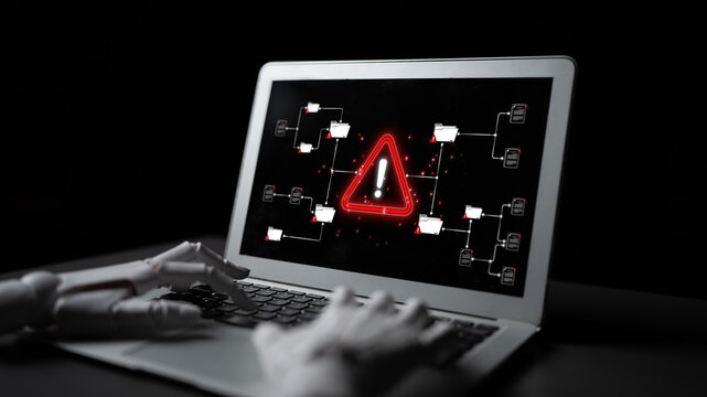 Warning Sign of Cybersecurity Threat on Laptop Screen with Robotic Hand in Darkness Sigmoid