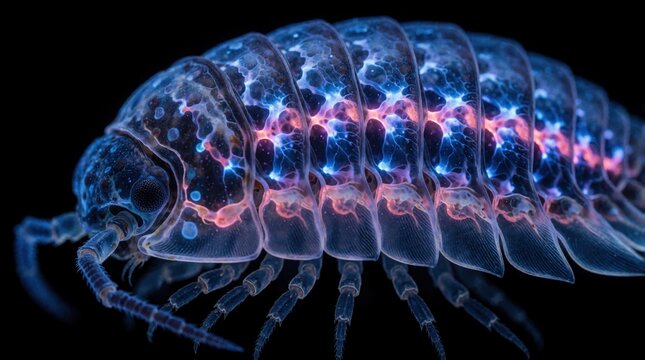 Macro shot of a glowing bioluminescent isopod with transparent body showing internal blue and pink light structures. This tiny arthropod glows eerily in the dark.