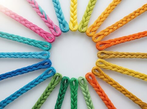 Colorful braided threads arranged in a circular pattern, textile materials for crafts and design, commercial studio shot with copy space