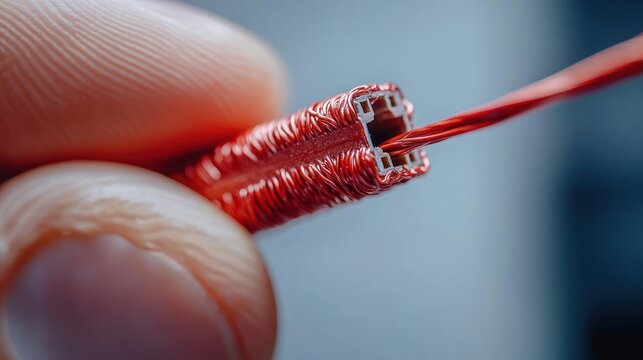 close-up of fingers holding a tiny rectangular metal core wrapped in fine red enameled copper wire conveying delicate, precise craftsmanship