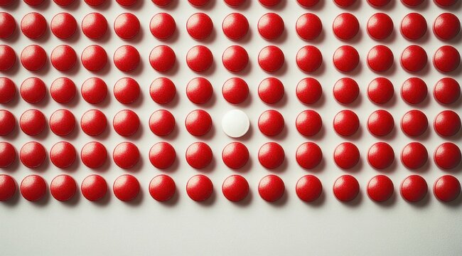 single white round pill standing out among orderly rows of red round pills on a white background, evoking contrast, isolation and individuality
